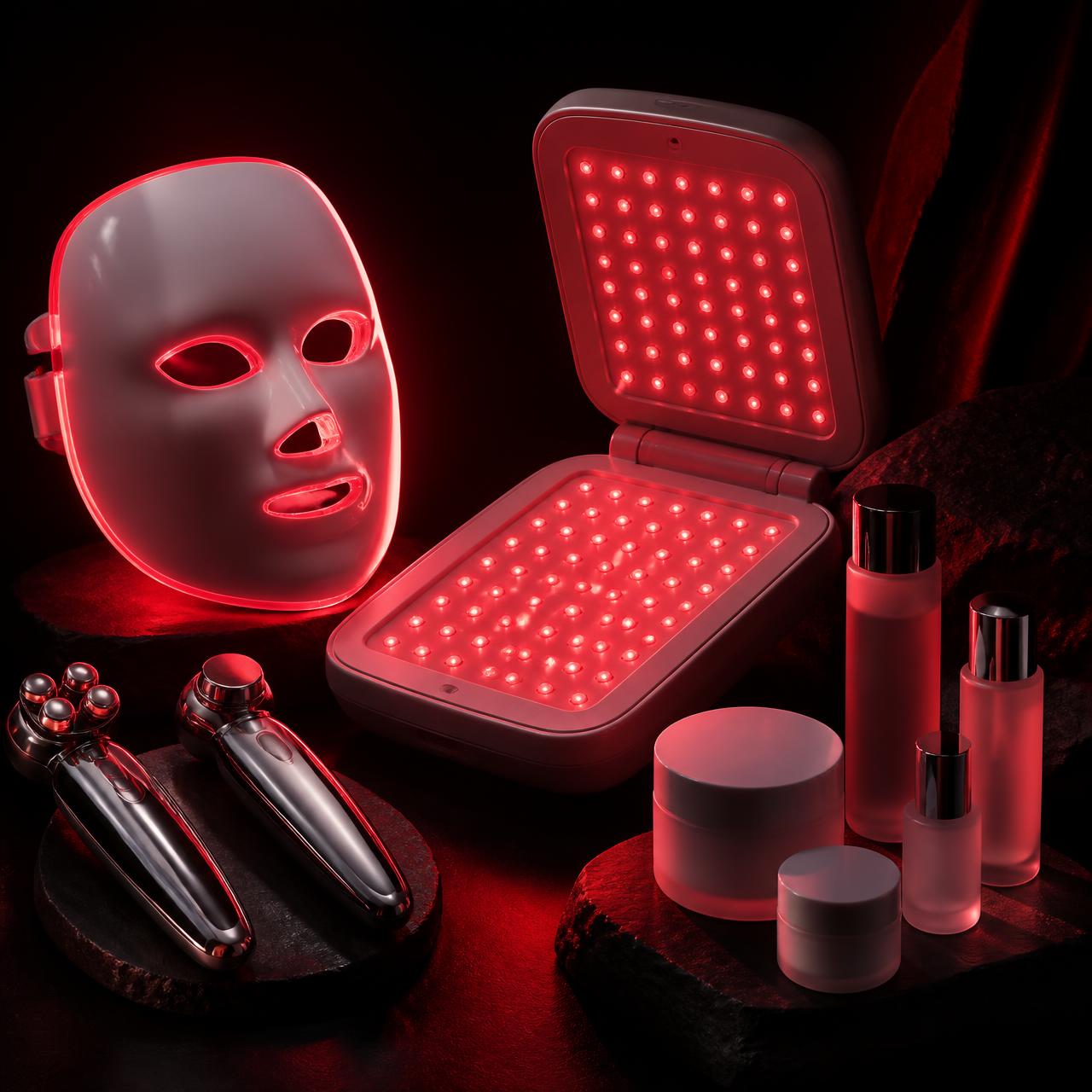 Generic unbranded LED facial mask, LED body treatment panel, handheld beauty devices and skincare jars lit in red